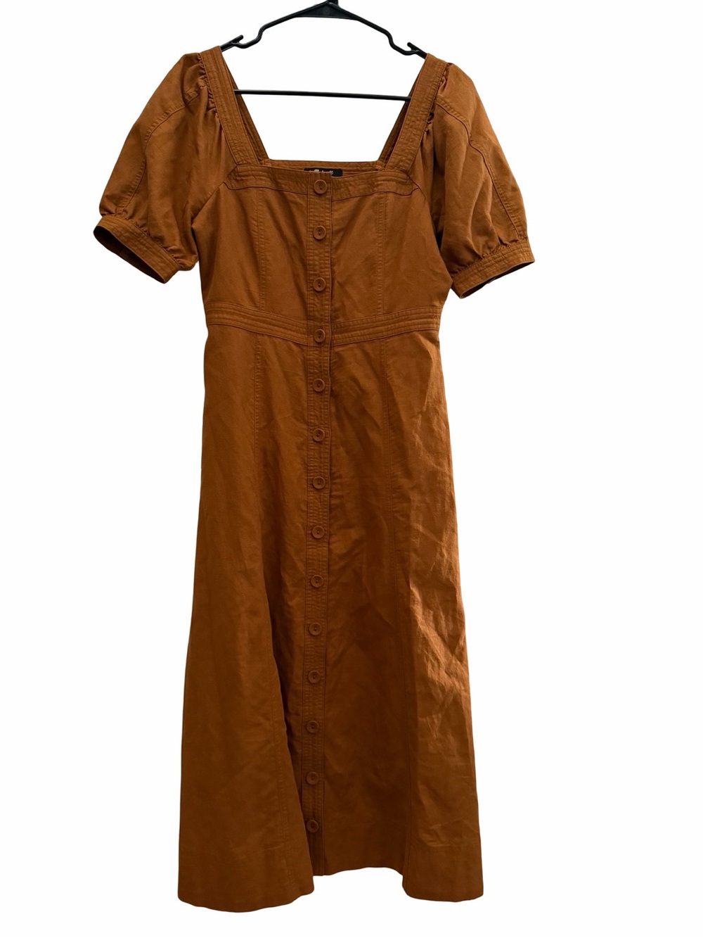 Madewell Layton Cotton Midi Dress Rust Brown Button-Front Square Neck 2 Puff Slv